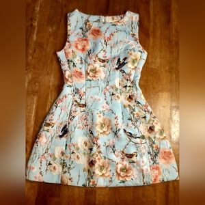 Blue Dress Floral with Birds Mini No Sleeve Quilt Like Fabric